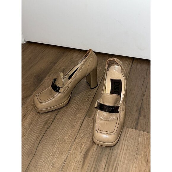 DOLCE & GABBANA  Vintage Beige Leather Square-Toe Slip-On Heeled Loafers Women's - Picture 2 of 10